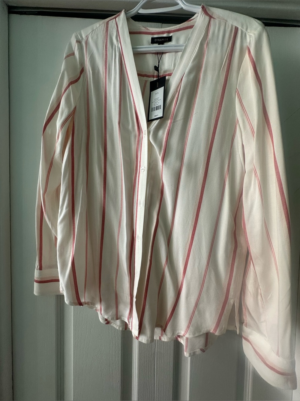 Dynamite Cream Button-Down Shirt with Pink Stripes
